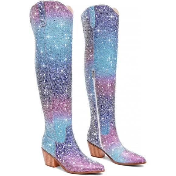 Women Blue&pink Faux Leather Sparkly Bling Rhinestone Over the Knee Cowboy Boots - Picture 3 of 10